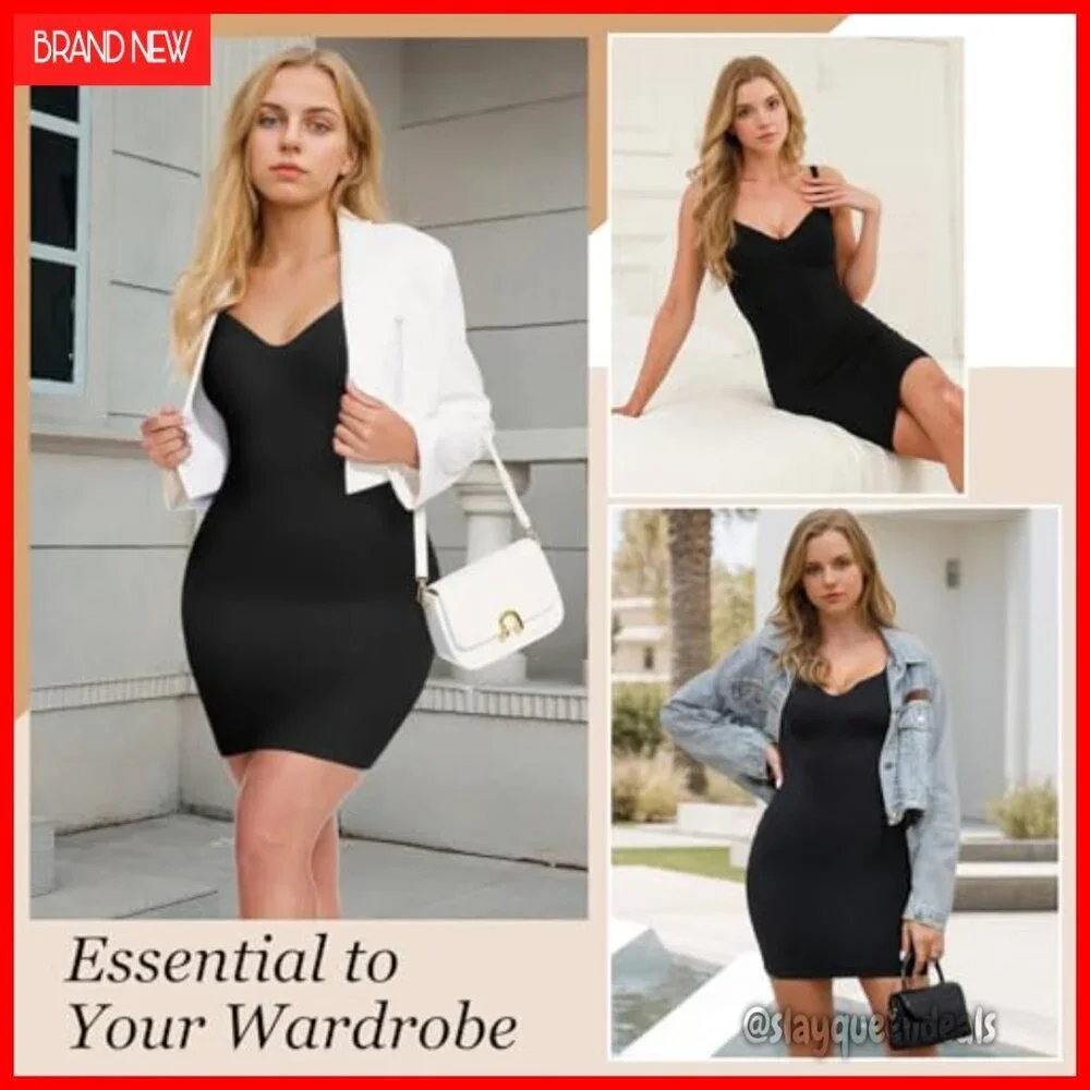 Seamless Tummy Control Slip Dress Plunge Neck Shapewear Under Dresses